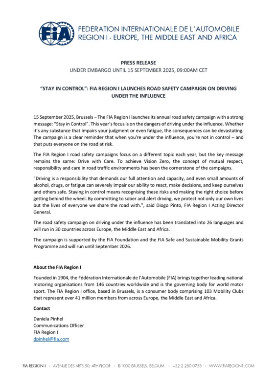 FIA REGION I LAUNCHES ROAD SAFETY CAMPAIGN ON DRIVING  UNDER THE INFLUENCE